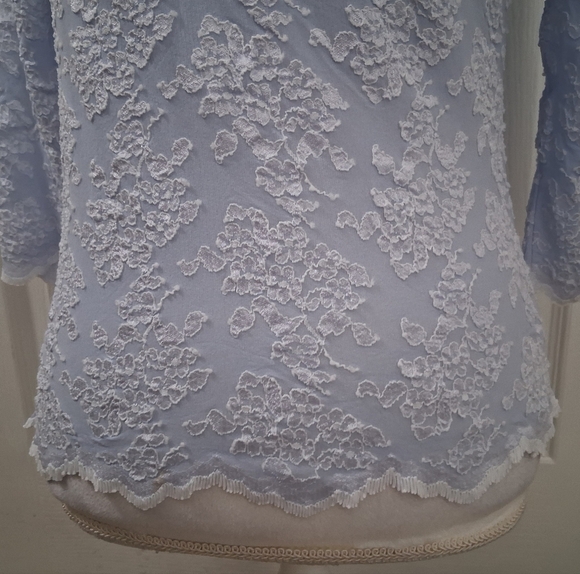 E.R.G. Collection Light Blue Shirt With White Floral Lace Overlay     Size L - Picture 3 of 14